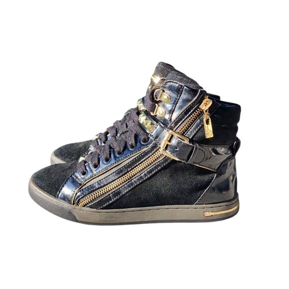 Michael Kors Glam Studded Patent Leather Distressed Hi-Top Sneakers 7 - Picture 9 of 10